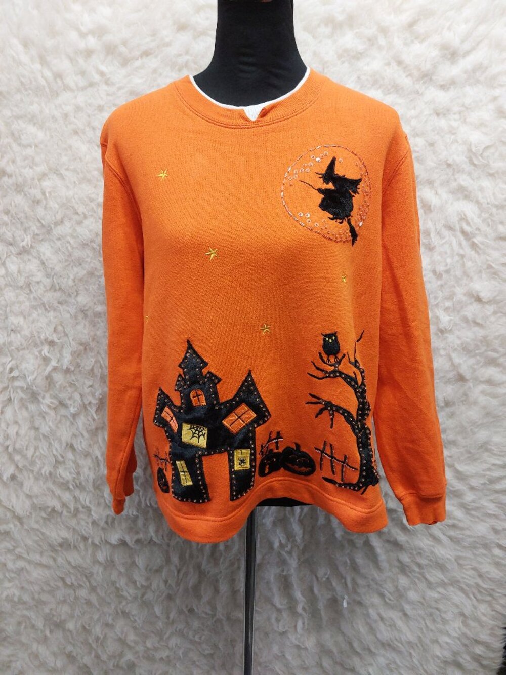 Vintage JARIK Interantional Halloween Sweater Orange Haunted House Witch Pumpkin
